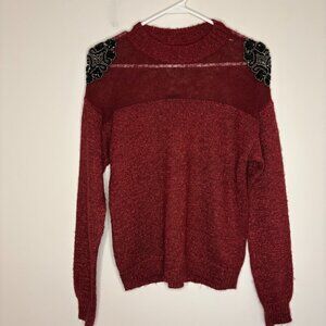 SELECTION NEW Mock Neck Sweater Womens M Red Metallic Knit Applique Beads Sheer